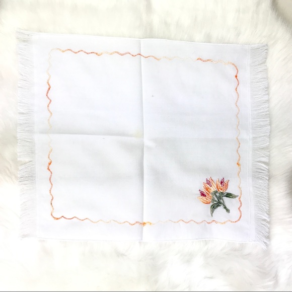 Embroidered Golden Tulips Flowers Fringe Handkerchief Vintage Style Floral - Picture 14 of 16